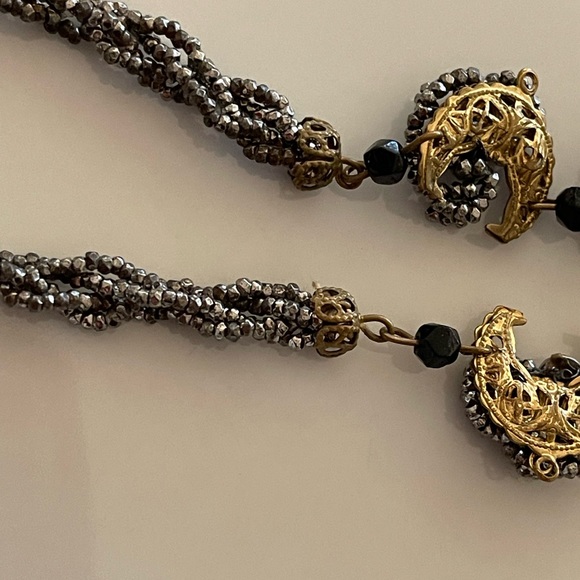 Haskell Diamonte Pearl Gold Filigree Black Pendant Signed Vintage Necklace - Picture 11 of 14